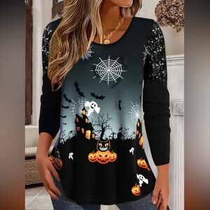 🎃 Halloween Graphic Print Casual T-shirt, Crew Neck Long Sleeve T-Shirt